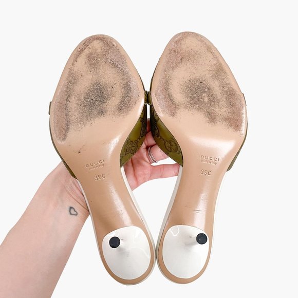 Gucci Horsebit Mules EU 39 US 9 Green GG Peep Toe Buckle High Heel Slide Sandals - Picture 11 of 12